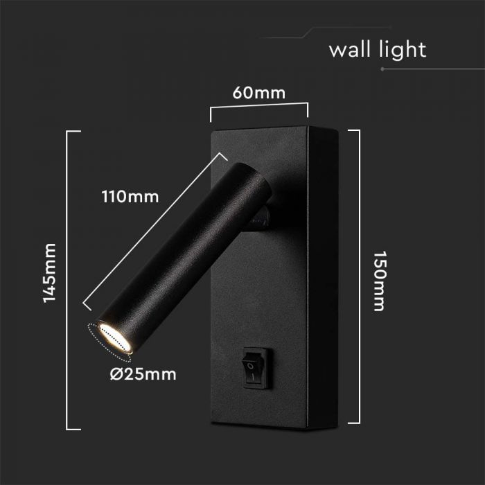 LED WALL MOUNTED SPOTLIGHT 2W DL 150lm 38° 145x150x60mm BLACK