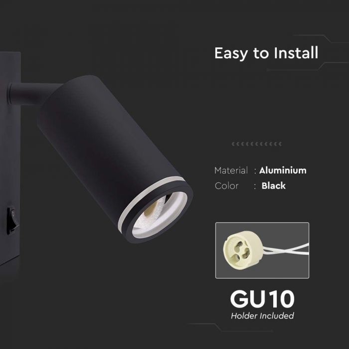 LED WALL MOUNTED SPOTLIGHT WITH SWITCH GU10 55x150x160mm BLACK