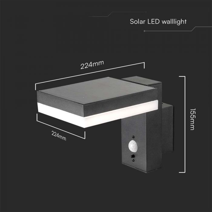 LED SOLAR WALL LAMP WITH PIR SENSOR 5.5W WW 220lm 110° 224x130x155mm BLACK IP54