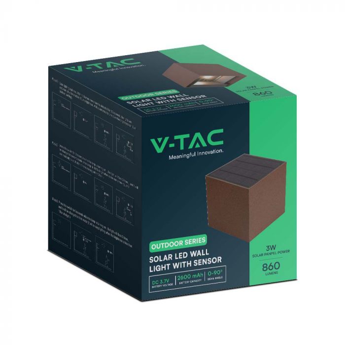 LED SOLAR WALL LIGHT COB WITH PIR SENSOR(4-5m) 9W 860lm WW 150x153x150mm CORTEN