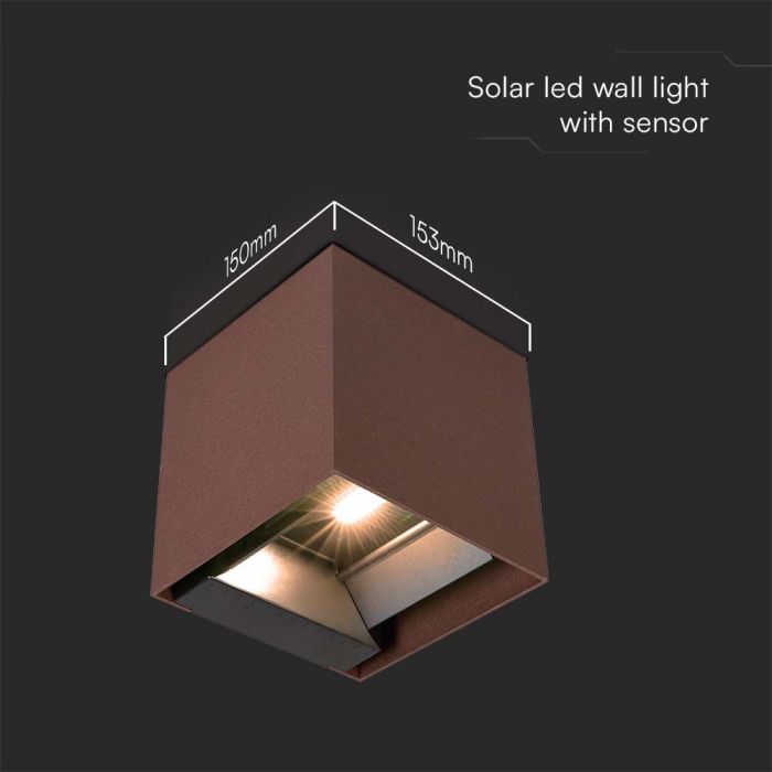 LED SOLAR WALL LIGHT COB WITH PIR SENSOR(4-5m) 9W 860lm WW 150x153x150mm CORTEN