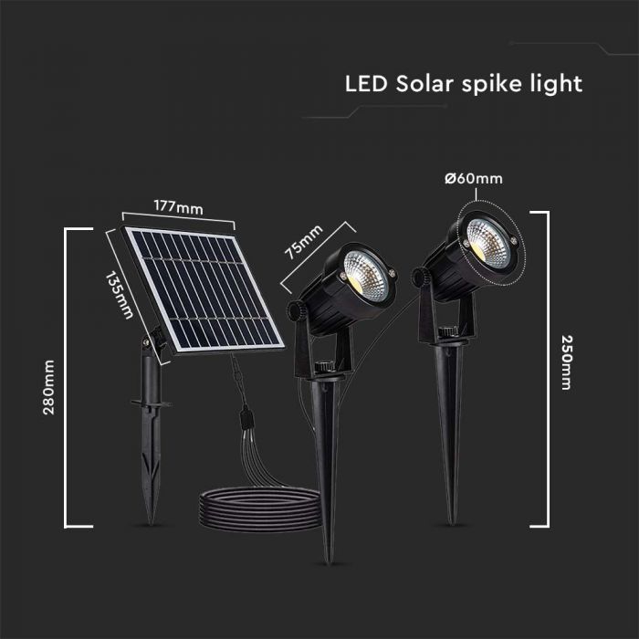 LED SOLAR SPIKE 2x1.2W 2x90lm WW 60x75x250mm BLACK IP65