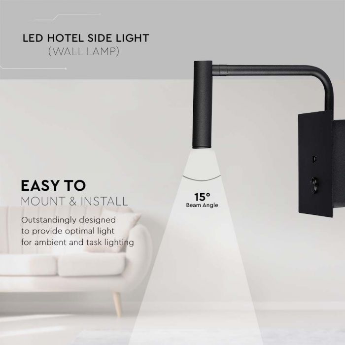 LED WALL LAMP WITH SWITCH & USB PORT 3W WW 150lm 15° 120X120X45 BLACK