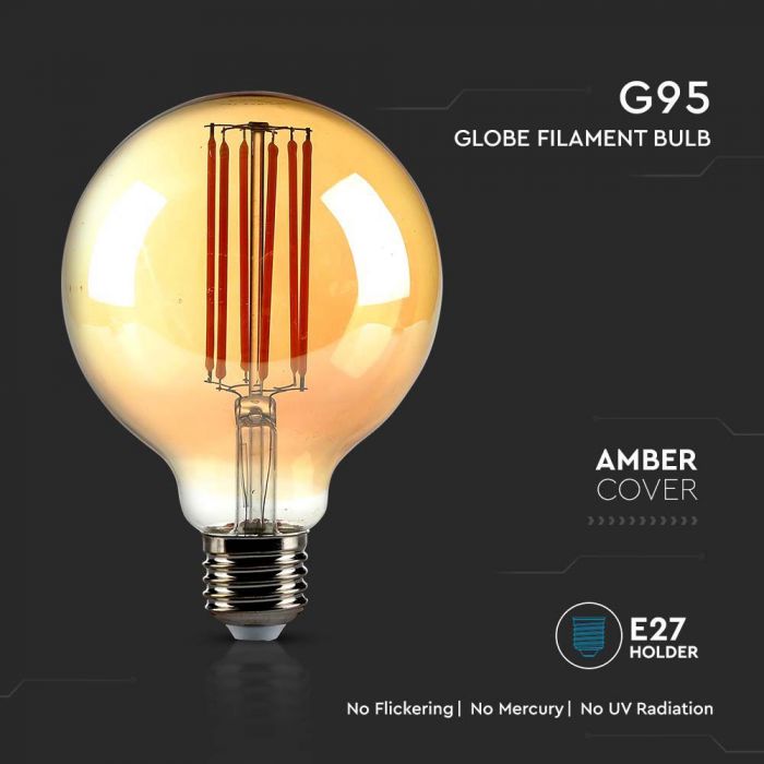 LED E27 FILAMENT LAMP AMBER COVER G95 7W WW 700lm 300° 95X138