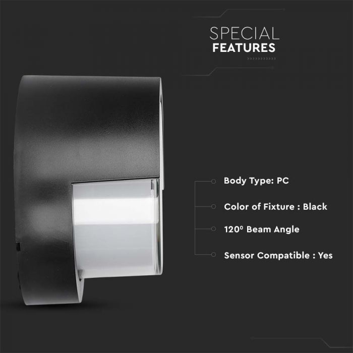 LED WALL LIGHT ROUND 12W DL 1155m 120° 169X100 PC BLACK IP65