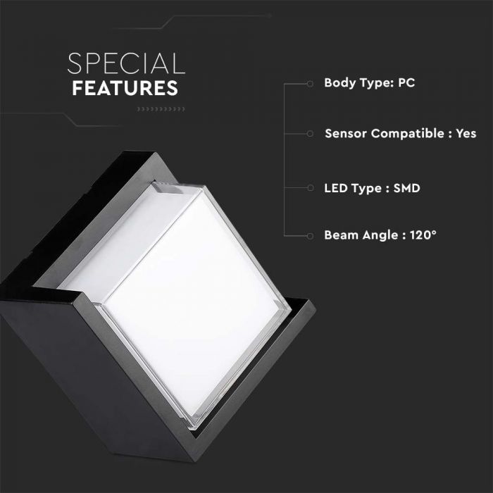 LED WALL LIGHT SQUARE 12W WW 1160lm 120° 160X100 PC BLACK IP65