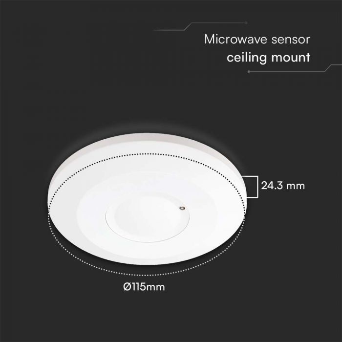LED MICROWAVE MOTION SENSOR CEILING 360'D 1-8m(radius) adjustable 2000W Max 115x24.3mm WHITE IP20