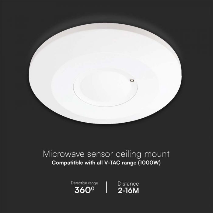 LED MICROWAVE MOTION SENSOR CEILING 360'D 1-8m(radius) adjustable 2000W Max 115x24.3mm WHITE IP20