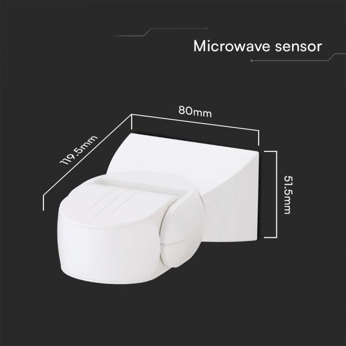 LED MICROWAVE MOTION SENSOR WALL 180'D 5-15m 1200W Max 119.5x80x51.5mm WHITE IP65
