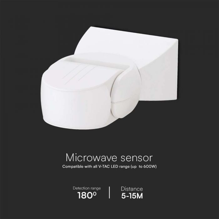 LED MICROWAVE MOTION SENSOR WALL 180'D 5-15m 1200W Max 119.5x80x51.5mm WHITE IP65