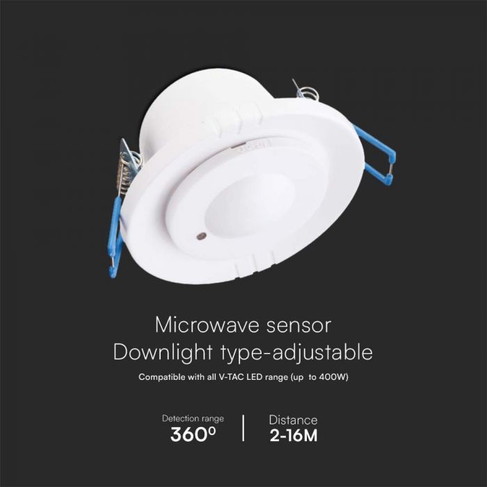 LED RECESSED MICROWAVE MOTION SENSOR 360'D 2-16m 1200W Max 80x66.6mm WHITE IP20