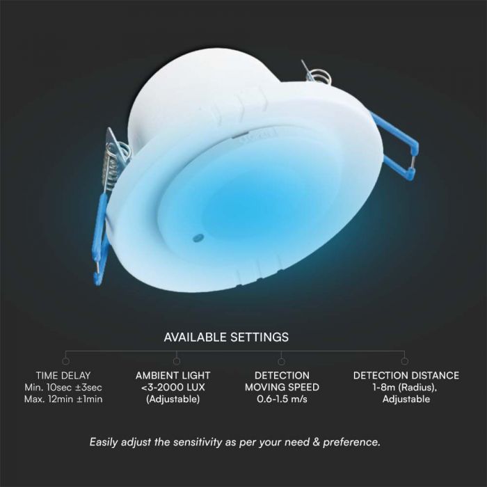 LED RECESSED MICROWAVE MOTION SENSOR 360'D 2-16m 1200W Max 80x66.6mm WHITE IP20