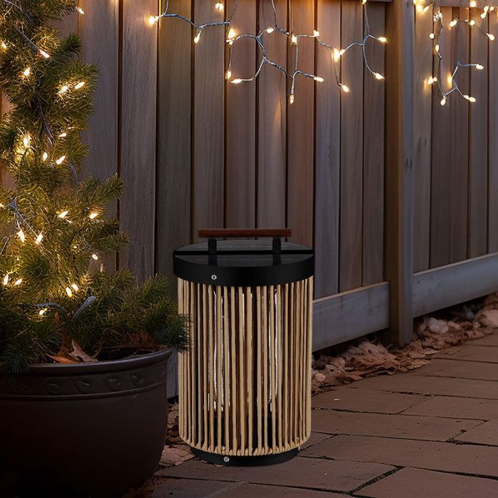 LED SOLAR GARDEN LAMP 2.4W WW 200x325mm BLACK+HEMP ROPE WITH WOODEN HANDLE IP65