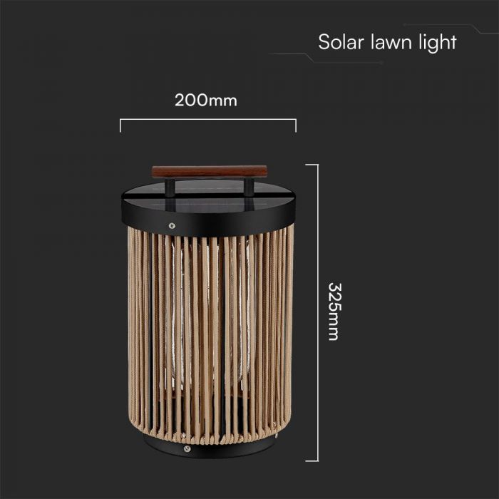LED SOLAR GARDEN LAMP 2.4W WW 200x325mm BLACK+HEMP ROPE WITH WOODEN HANDLE IP65