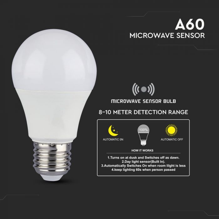 LED E27 LAMP 9W WW 806lm 200° 60X112 WITH MICROWAVE SENSOR
