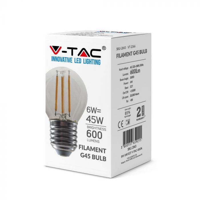 LED E27 FILAMENT LAMP 6W DL 600lm 300° 45X72 G45 GLOBE