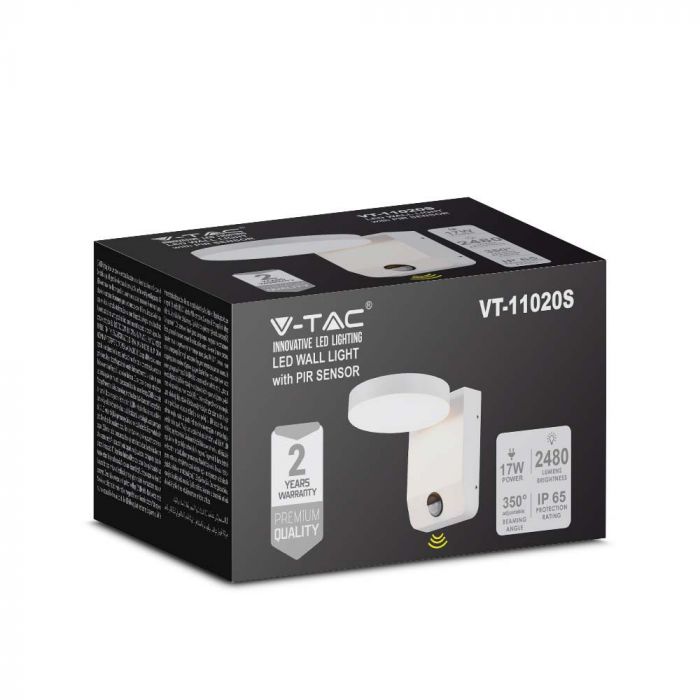 LED WALL LIGHT WITH SENSOR WHITE ROUND 17W 2480lm WW 350° 160x206v160mm IP65
