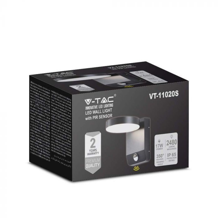 LED WALL LIGHT WITH SENSOR BLACK ROUND 17W 2480lm WW 350° 16x20.6x16cm IP65