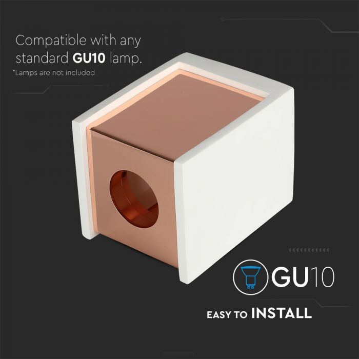 LED SURFACE WHITE GYPSUM SQUARE WITH METAL MATT ROSE GOLD BOTTOM GU10 10X10X13