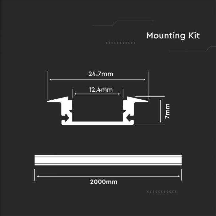 LED Strip Mounting Kit With Diffuser Aluminum 2000 x 24.7 x 7mm White Housing
