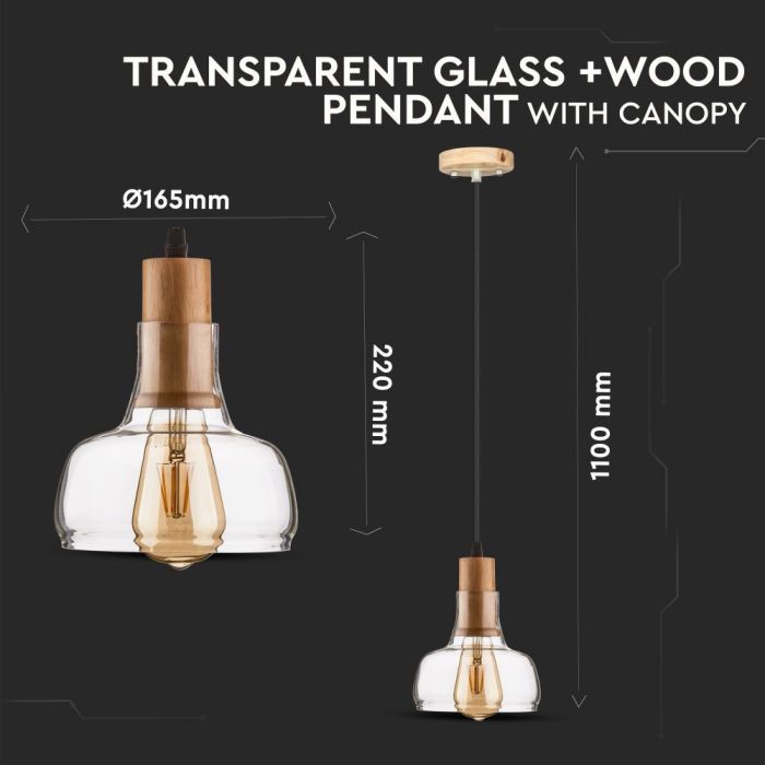 LED E27 PENDANT AMBER 165X220X1100 GLASS WITH WOOD
