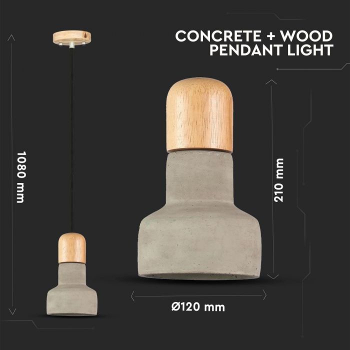 LED E27 PENDANT CONCRETE COLOUR 12X21X108 CONCRETE WITH WOOD