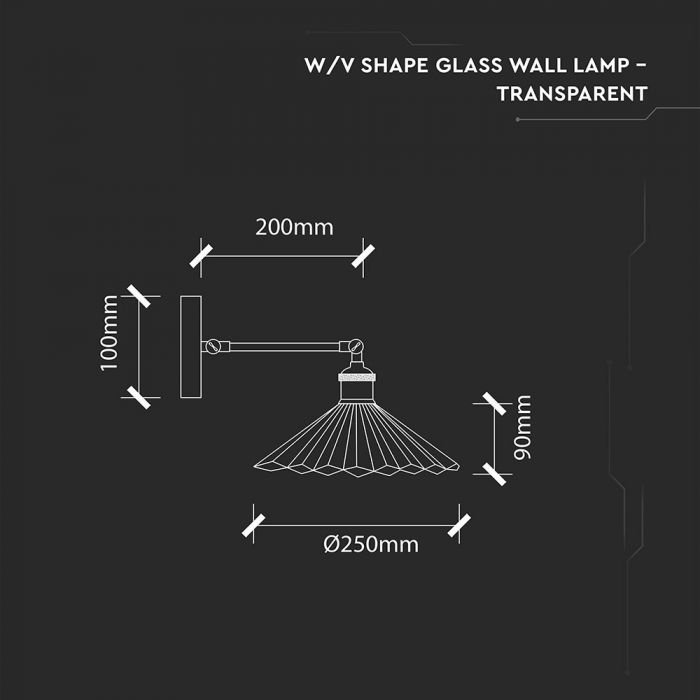LED E27 PENDANT WALL LAMP TRANSPARENT V SHAPE 250X90 GLASS + METAL