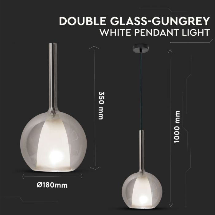 LED E27 PENDANT DOUBLE GLASS GUNGREY + WHITE 18X35X100 GLASS + METAL