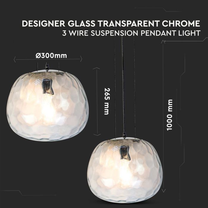 Pendant Light Designer Glass Shape 3 Wire Suspension 300mm