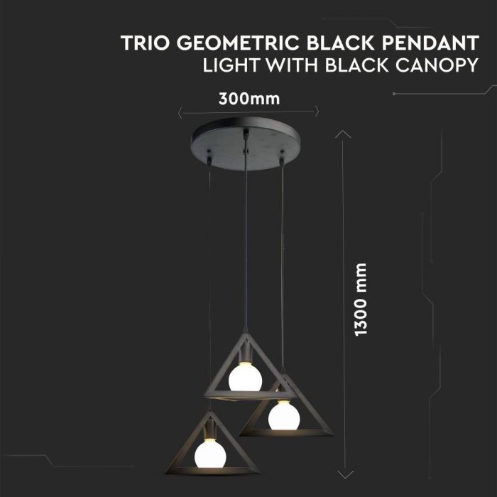LED E27 PENDANT TRIO GEOMETRIC BLACK WITH BLACK CANOPY 30X130