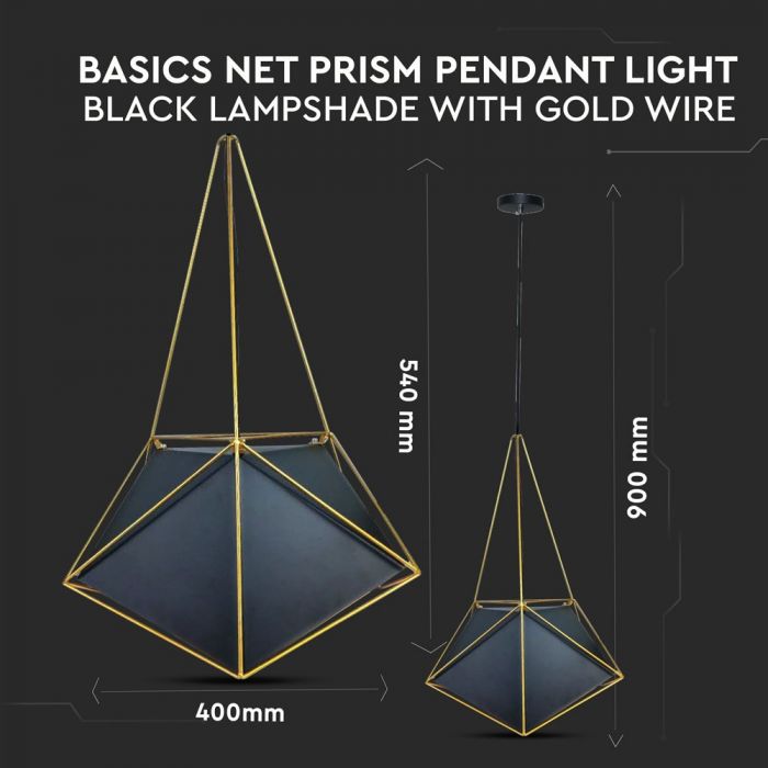 LED E27 PENDANT NET PRISM BLACK 40X54 GOLD WIRE