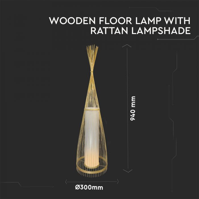 LED E27 FLOOR PENDANT WITH RATTAN LAMPSHADE ROUND 30X94 WOODEN