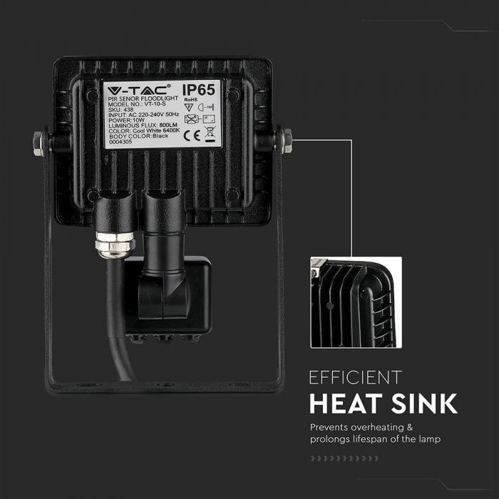 LED FLOOD SENSOR 10W CW 120° 800lm IP65 BLACK SAMSUNG CHIP