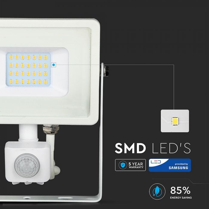 LED FLOOD SENSOR 20W CW 120° 1600lm IP65 WHITE SAMSUNG CHIP