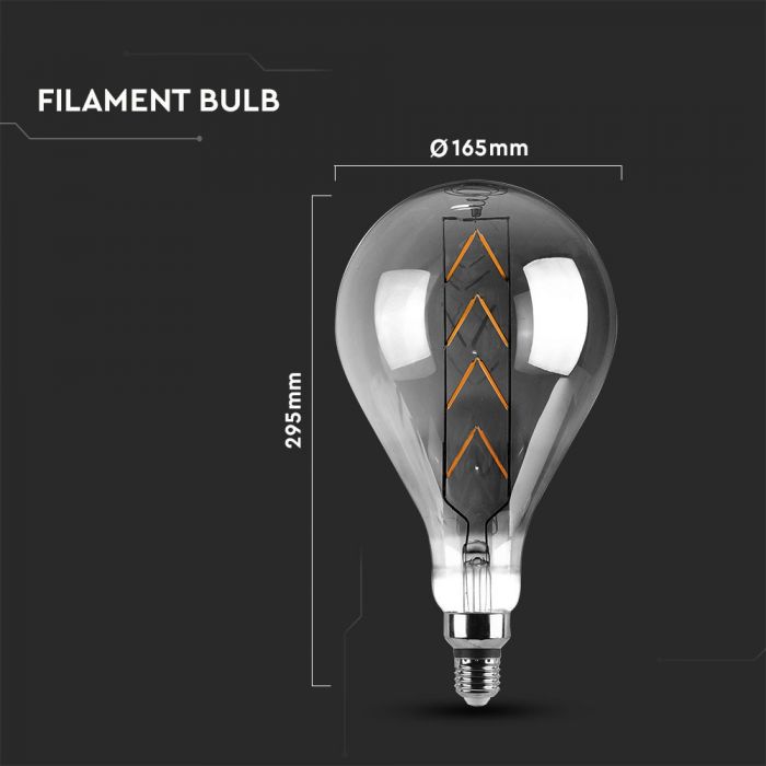 LED E27 FILAMENT LAMP GREY SMOKY G165 8W WW 240lm 300° 165X295