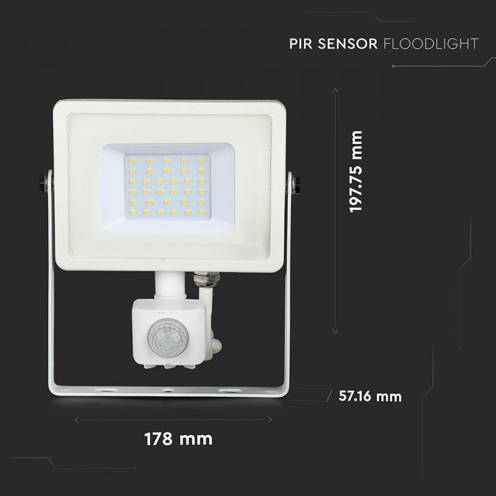 LED FLOOD SENSOR 30W CW 120° 2550lm IP65 WHITE SAMSUNG CHIP