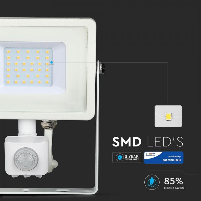 LED FLOOD SENSOR 30W CW 120° 2550lm IP65 WHITE SAMSUNG CHIP