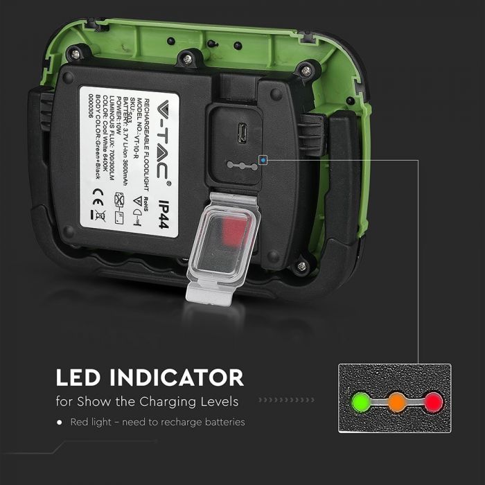 LED FLOOD RECHARGEABLE 10W CW 100° 700lm IP44 GREEN/BLACK
