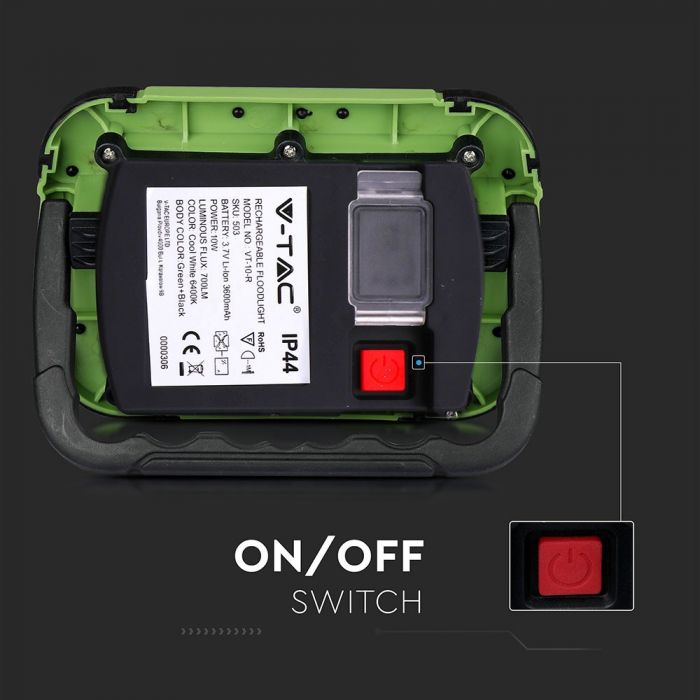 LED FLOOD RECHARGEABLE 10W CW 100° 700lm IP44 GREEN/BLACK