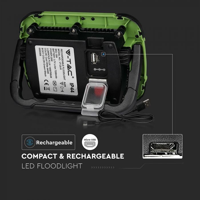 LED FLOOD RECHARGEABLE 20W CW 100° 1400lm IP44 GREEN/BLACK