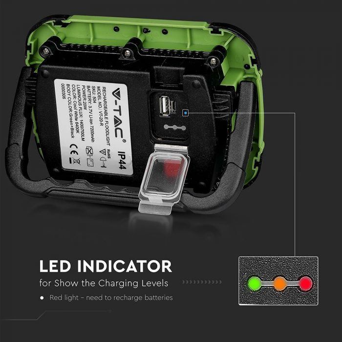 LED FLOOD RECHARGEABLE 20W CW 100° 1400lm IP44 GREEN/BLACK
