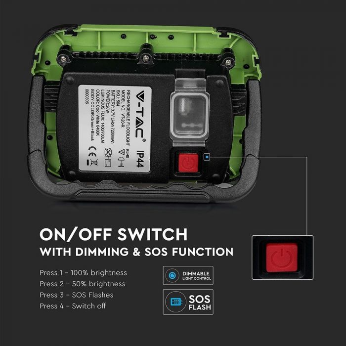 LED FLOOD RECHARGEABLE 20W CW 100° 1400lm IP44 GREEN/BLACK
