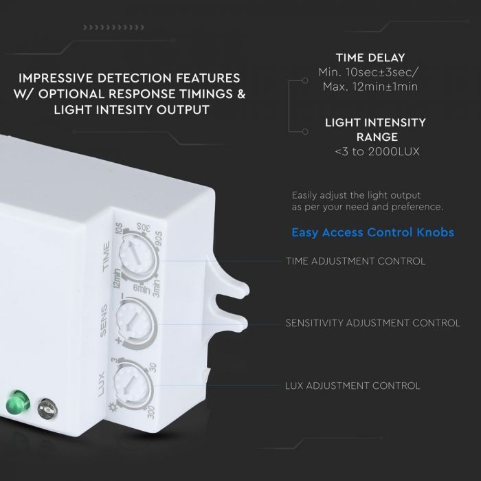 LED MICROWAVE SENSOR CEILING 300W 180/360° 2-16m IP20