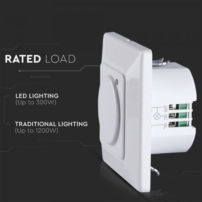 LED MICROWAVE SENSOR SWITCH 1200W 5-15M 10sec-12min 180° IP20