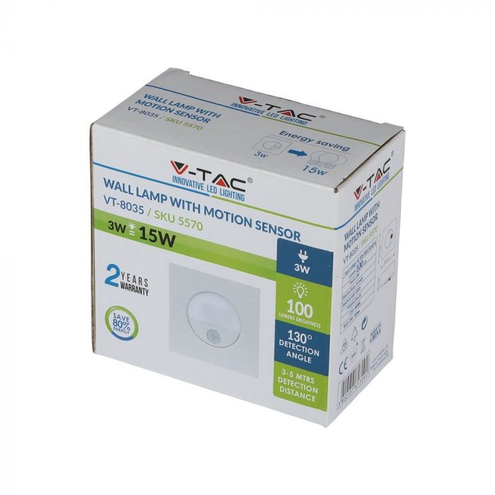 LED WALL LAMP SQUARE 3W DL 45° 100lm WHITE 84x42mm WITH SENSOR