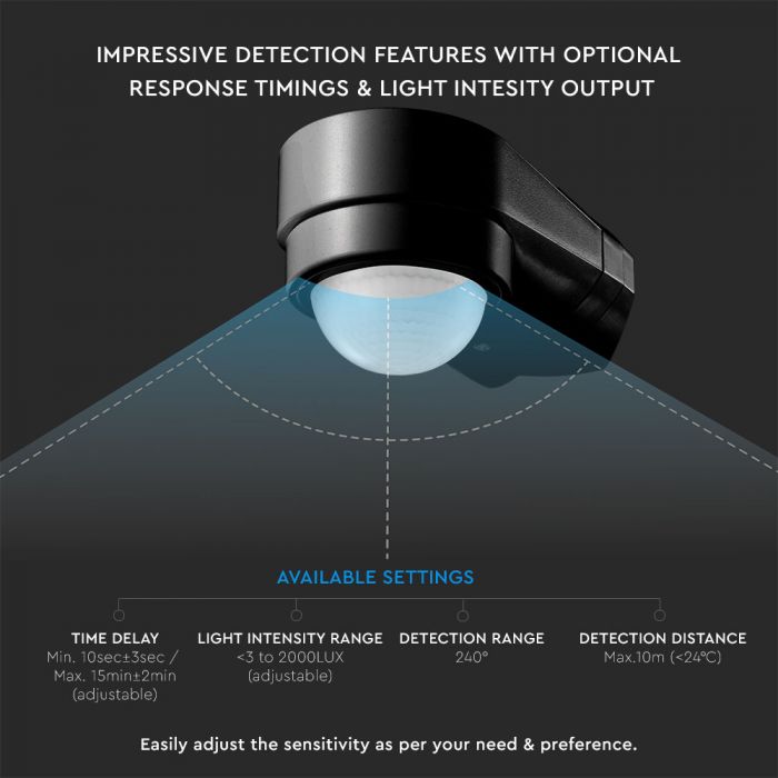 LED INFRARED MOTION SENSOR WALL 180° 10m MAX. 600W IP65 BLACK