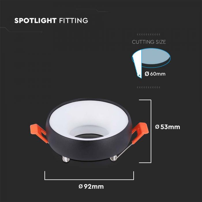 LED GU10 FITTING ROUND BLACK FRAME+WHITE REFLECTOR 92x53mm (60mm)