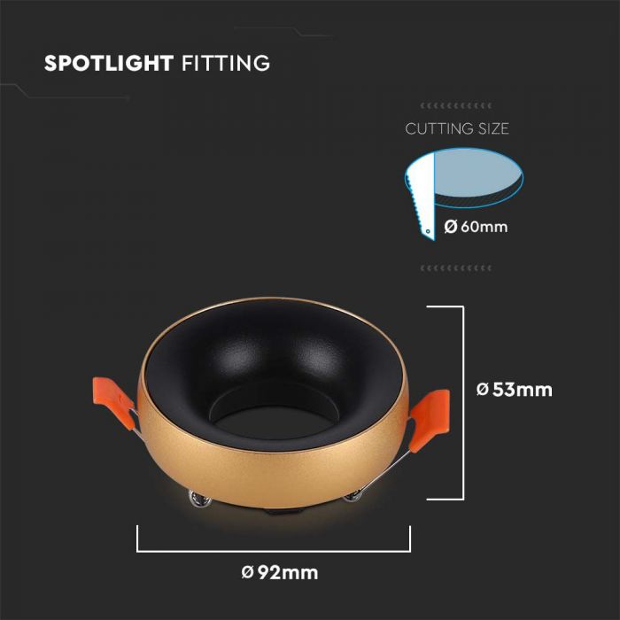LED GU10 FITTING ROUND GOLD FRAME+BLACK REFLECTOR 92x53mm (60mm)