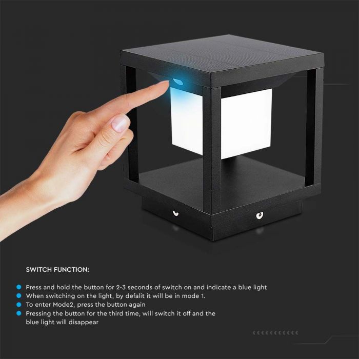 LED SOLAR PILLAR LIGHT WW 90lm120° 140x140x163mm IP65 BLACK