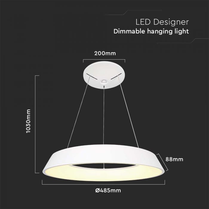 LED DESIGNER HANGING LIGHT 48W WW 5000lm TRIAC DIMMABLE 485x1030mm WHITE